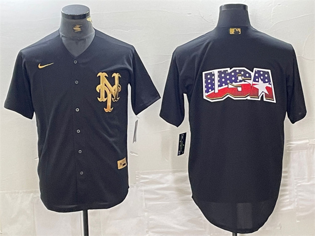 Men's New York Mets Black Team Big Logo Cool Base Stitched Baseball Jersey